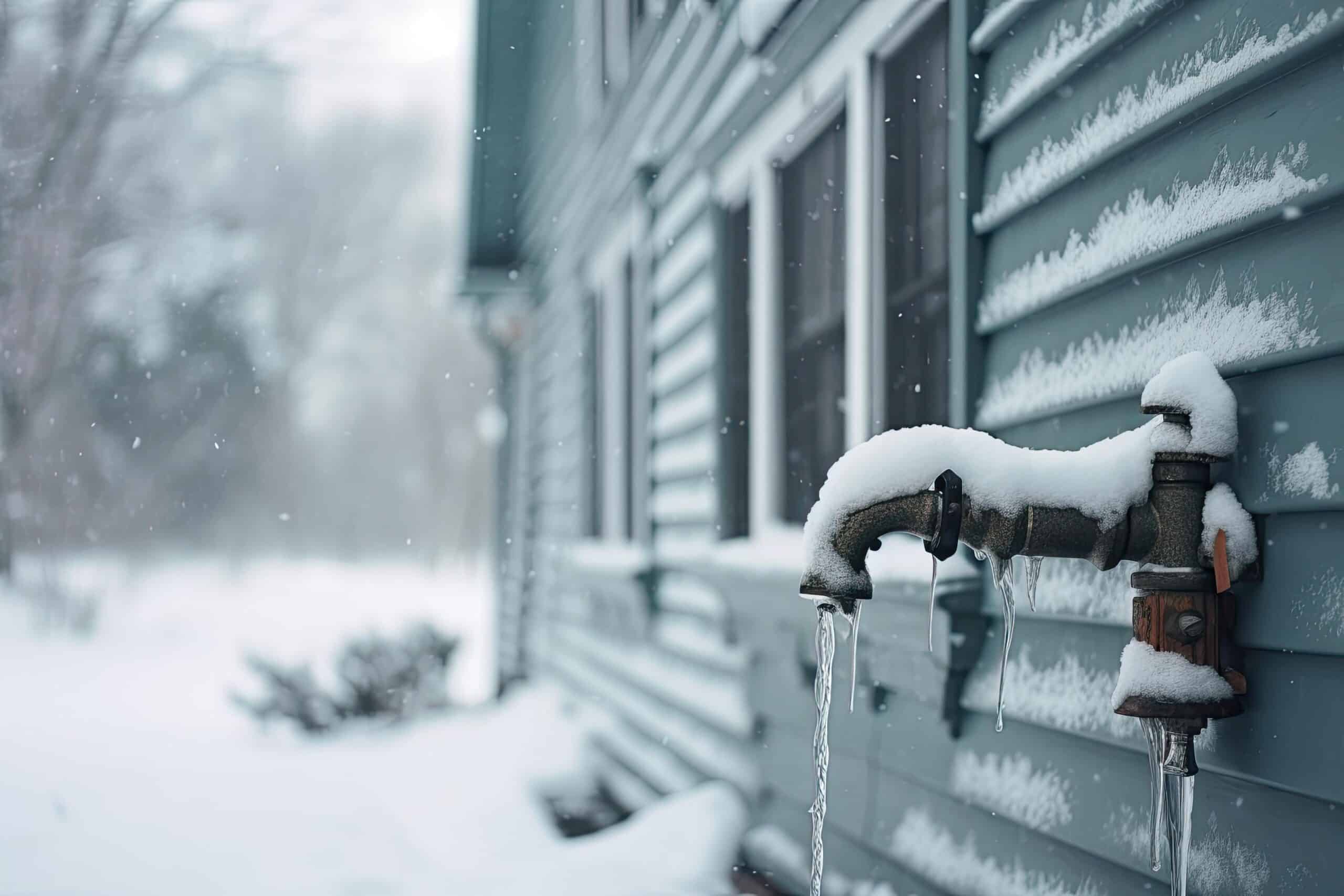 A picture of an outdoor faucet frozen in a snow storm
